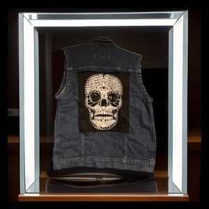 XXX RUDE DENIM Blue Jean Vest W/ SKULL Patch HOT TOPIC BIKER PUNK Rockabilly